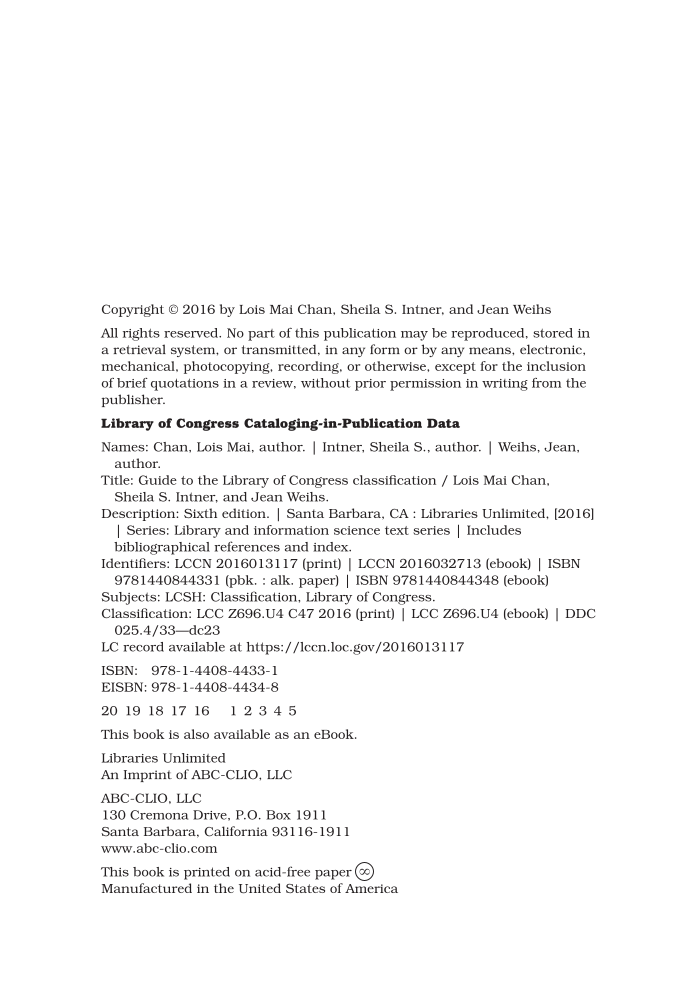 Guide to the Library of Congress Classification, 6th Edition page iv