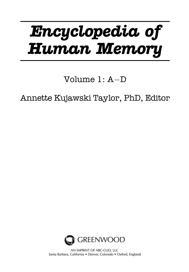 Encyclopedia of Human Memory [3 volumes] page Vol1:iii