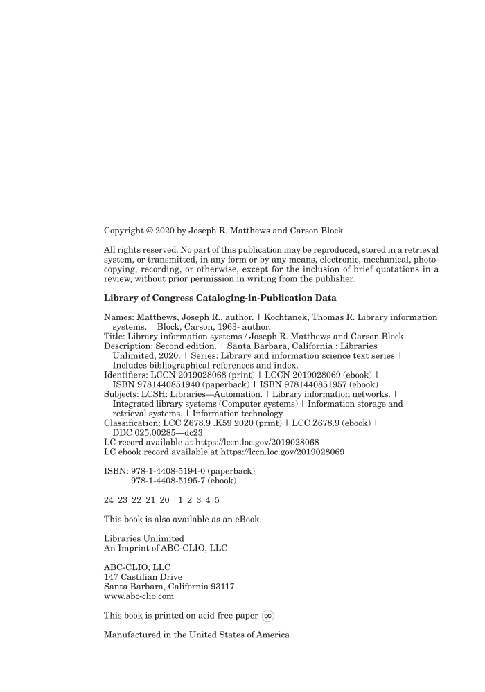 Library Information Systems, 2nd Edition page iv