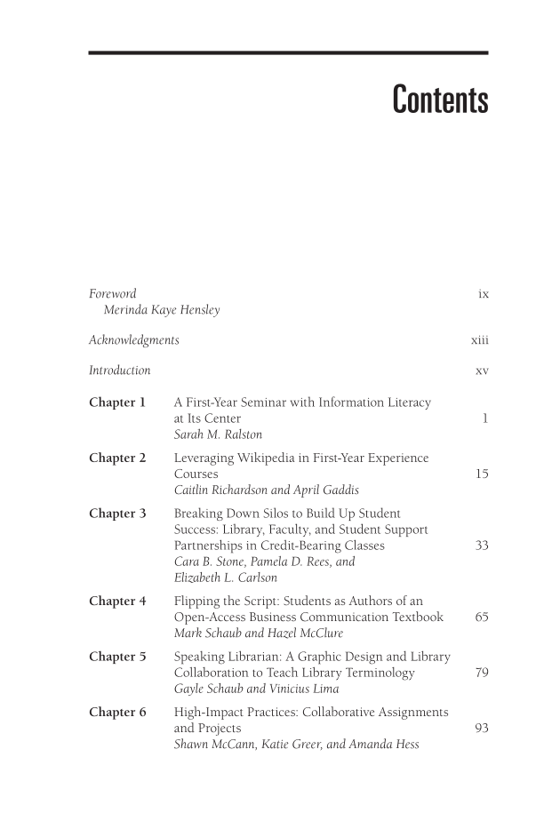 Engaging Students through Campus Libraries: High-Impact Learning Models page vii