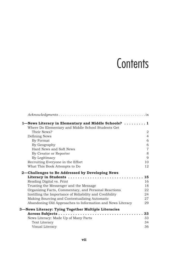 Building News Literacy: Lessons for Teaching Critical Thinking Skills in Elementary and Middle Schools page vii