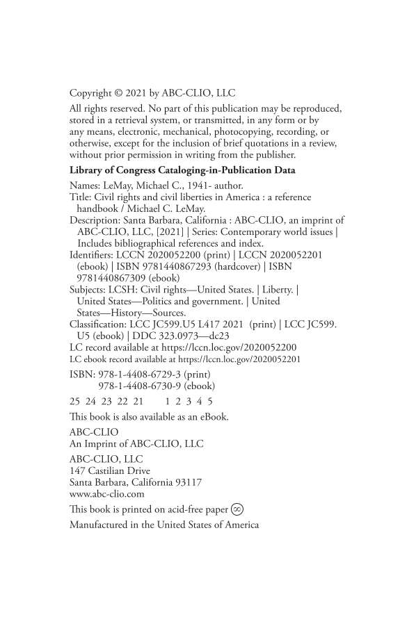 Civil Rights and Civil Liberties in America: A Reference Handbook page vi