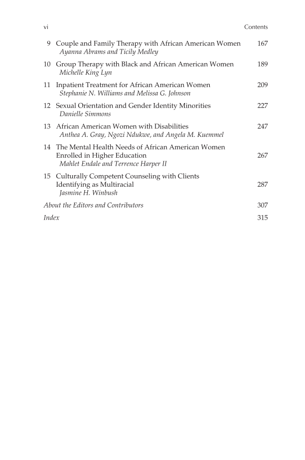 A Handbook on Counseling African American Women: Psychological Symptoms, Treatments, and Case Studies page vi